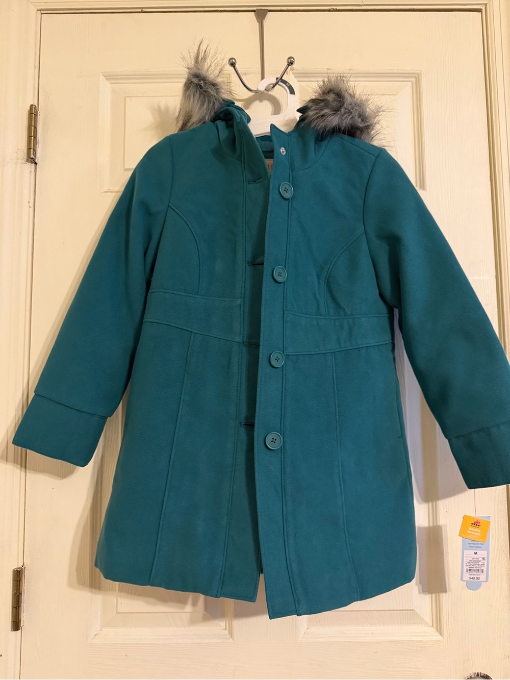 Cat & Jack Teal Girls' Hooded Pea Coat with removable Faux-Fur Trim